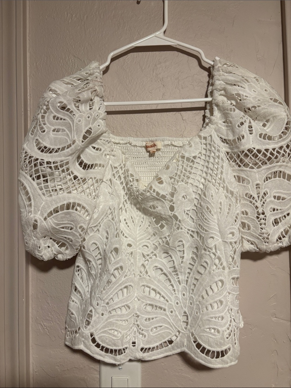 White Lace Puff-Sleeve Women’s Blouse with Square Neck